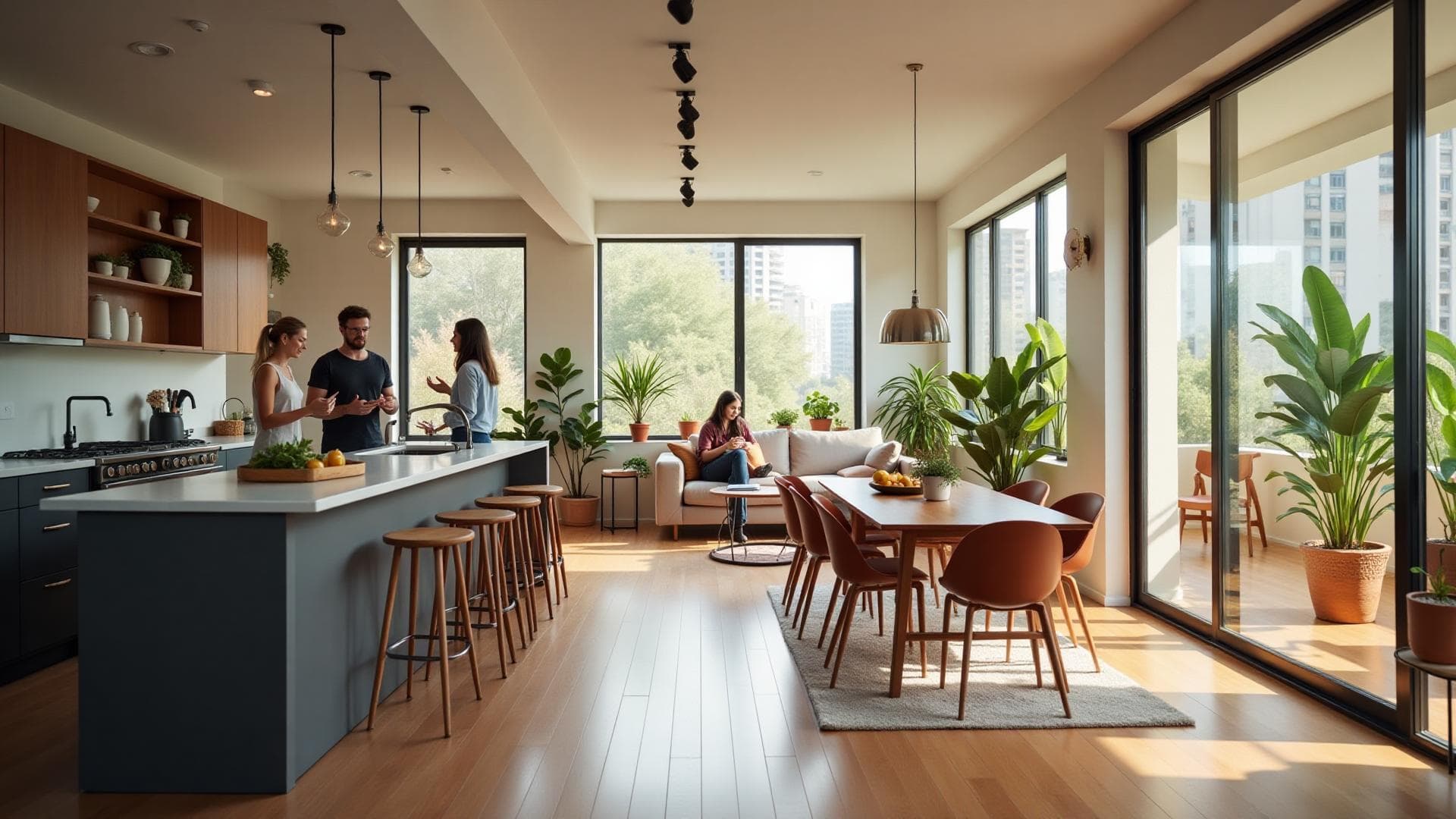 The shared kitchen and table in a Man Made house